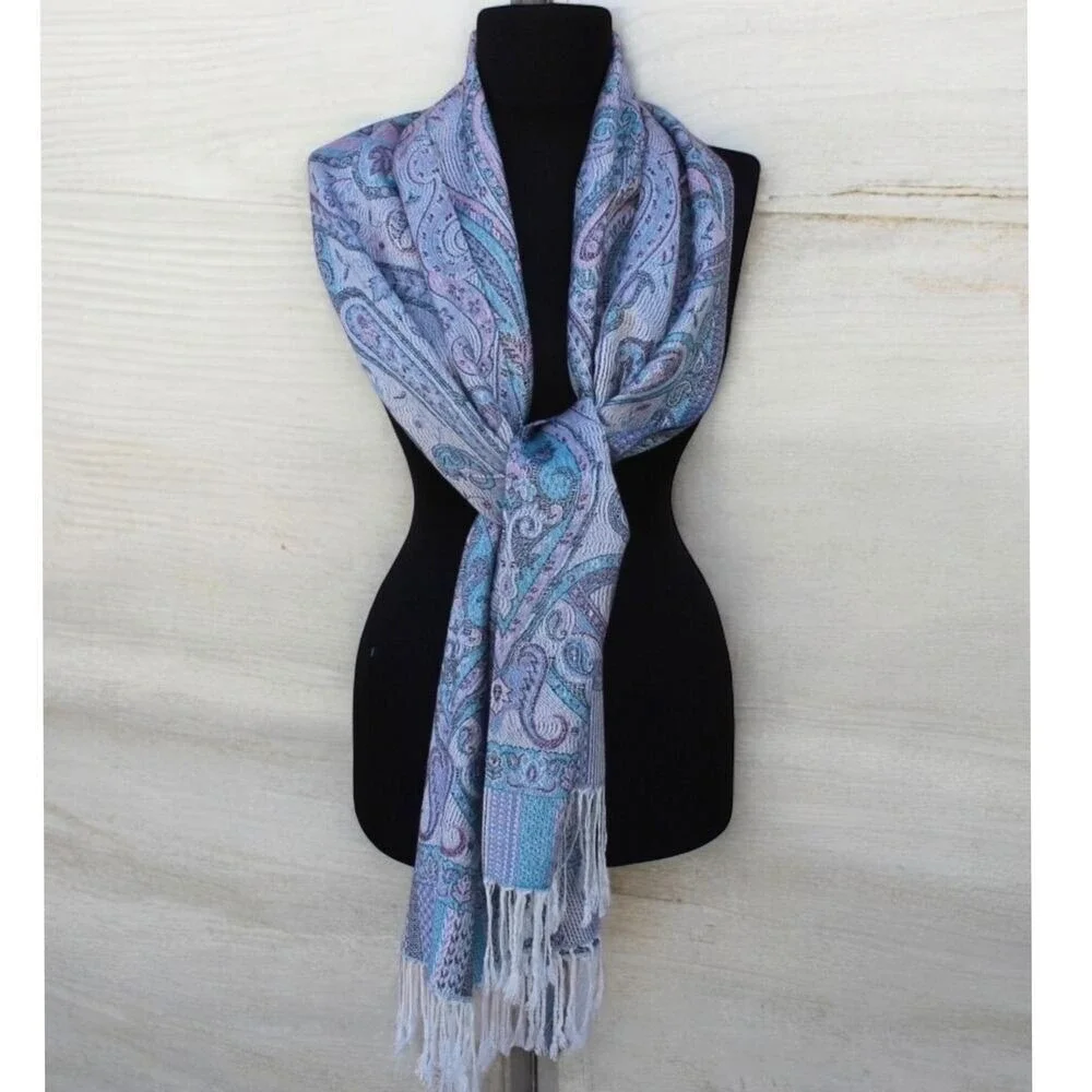 Pashmina Silk Turkish Shawl Blue Multicolor 60in x 25in‎
